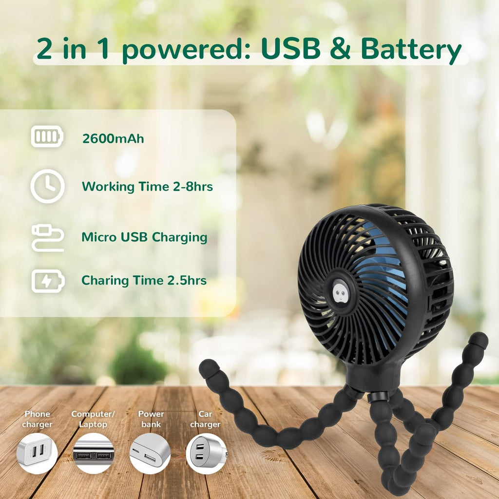 Mini Baby Stroller Fan, Handheld Personal Portable Clip on Fan with Flexible Tripod for Stroller Bike Desk Treadmill Crib Car Seat Outdoor Camping, USB or Battery Powered (Black)