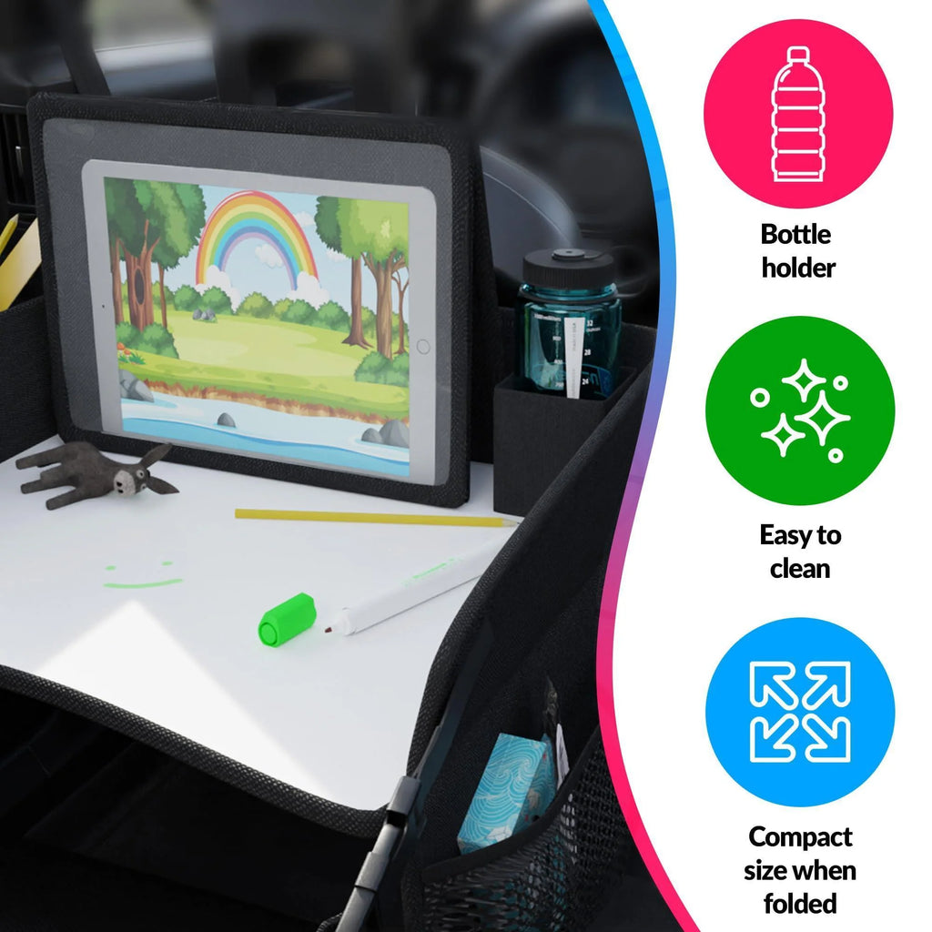 Kids Travel Tray for Kids Car Seat Toddler Car Seat Tray Table with 6 Compartments and Tablet Stand Foldable Toddler Table for Travel Folding Portable Desk Compact Road Trip Essentials