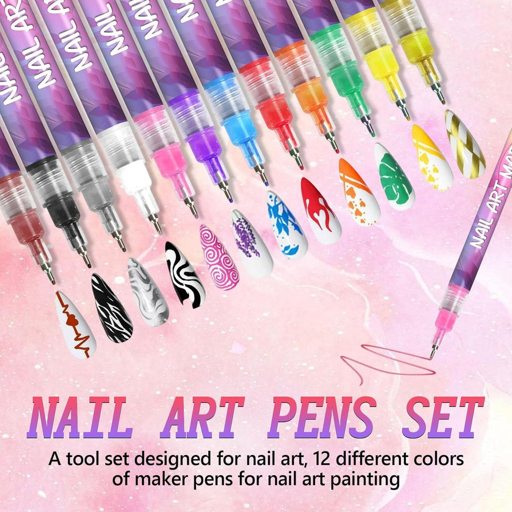 12 Colors Nail Art Pens Set,Nail Art Markers,3D Nail Polish Graffiti Dotting Pen