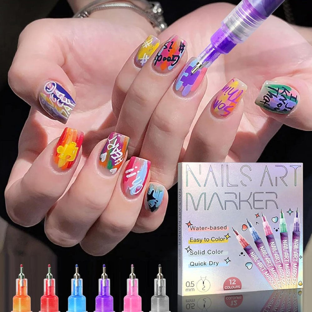 12 Colors Nail Art Pens Set,Nail Art Markers,3D Nail Polish Graffiti Dotting Pen