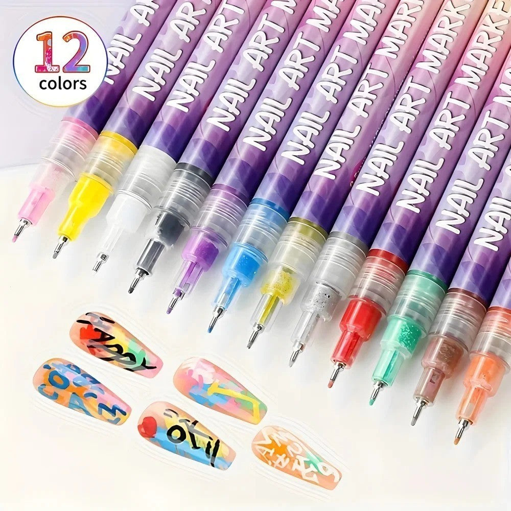 12 Colors Nail Art Pens Set,Nail Art Markers,3D Nail Polish Graffiti Dotting Pen