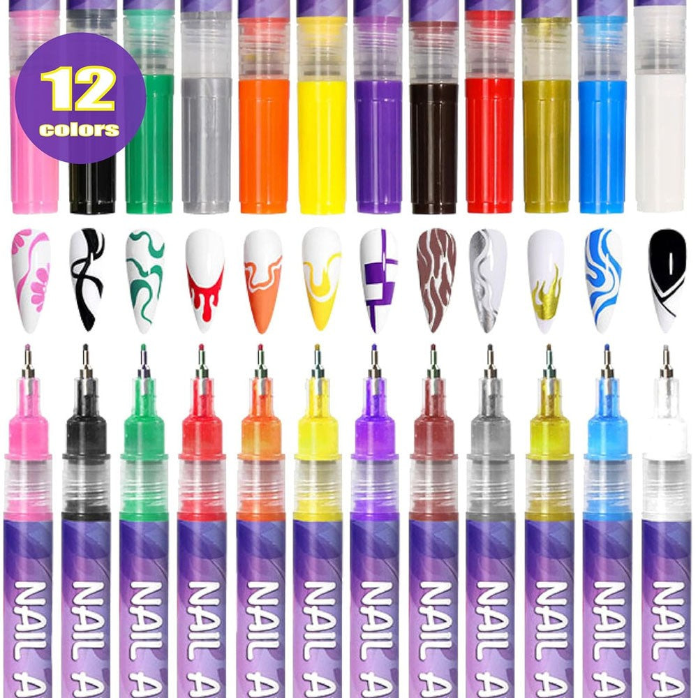 12 Colors Nail Art Pens Set,Nail Art Markers,3D Nail Polish Graffiti Dotting Pen