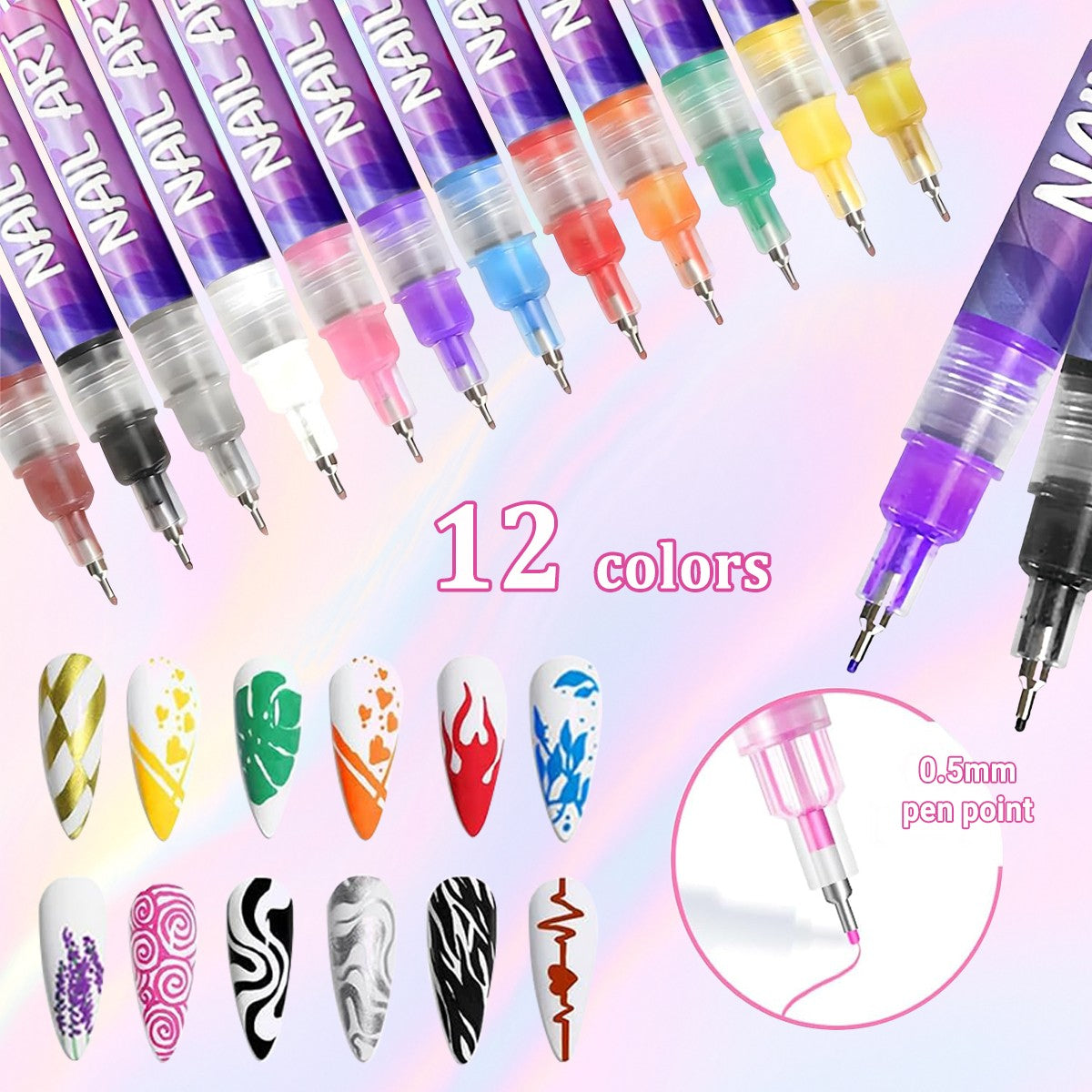 12 Colors Nail Art Pens Set, Nail Art Marker, Nail Doodle Pens, 0.5 MM Nail