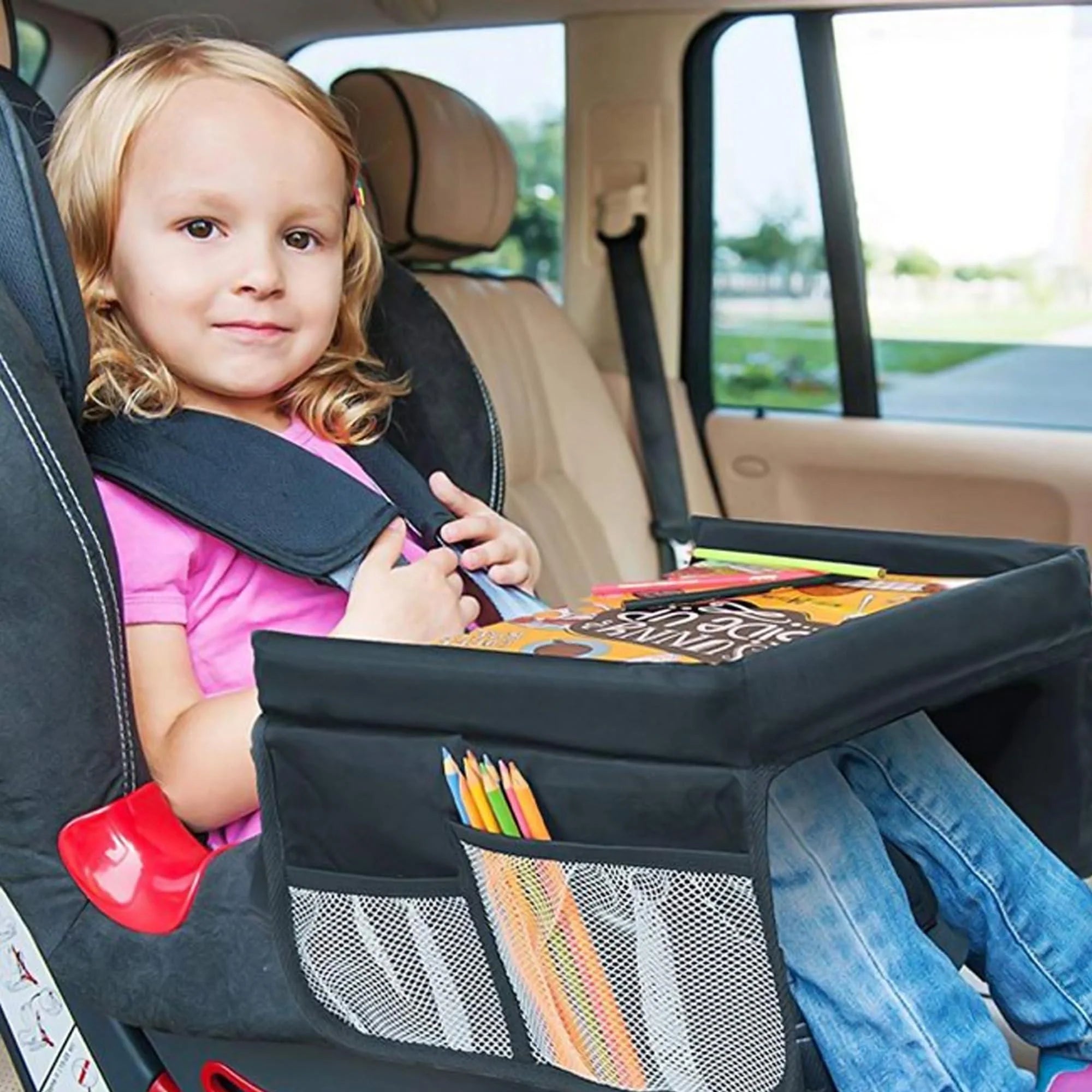 Kids Travel Tray for Kids Car Seat Toddler Car Seat Tray Table with 6 Compartments and Tablet Stand Foldable Toddler Table for Travel Folding Portable Desk Compact Road Trip Essentials