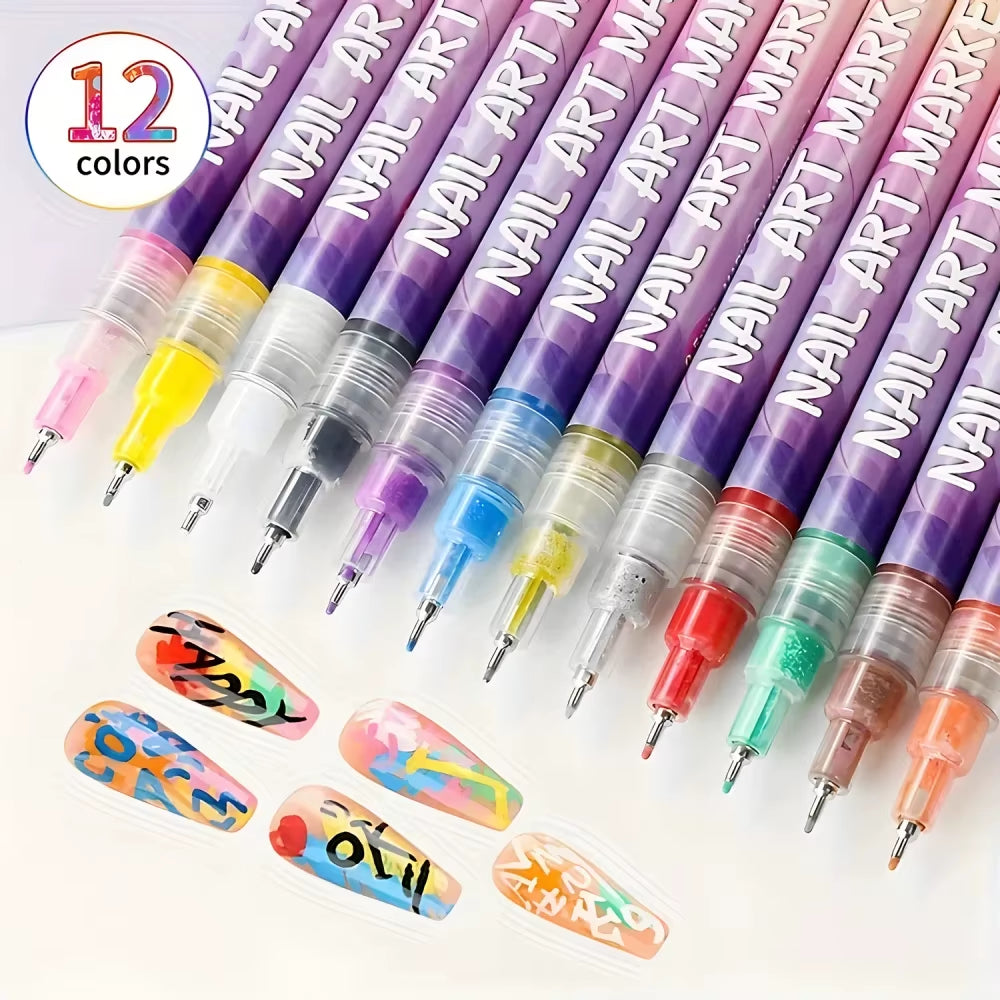12 Color Nail Art Pens Set 0.5MM Fine Point Liner Acrylic Nail Polish Kit Waterproof Quick-Drying for Drawing Painting