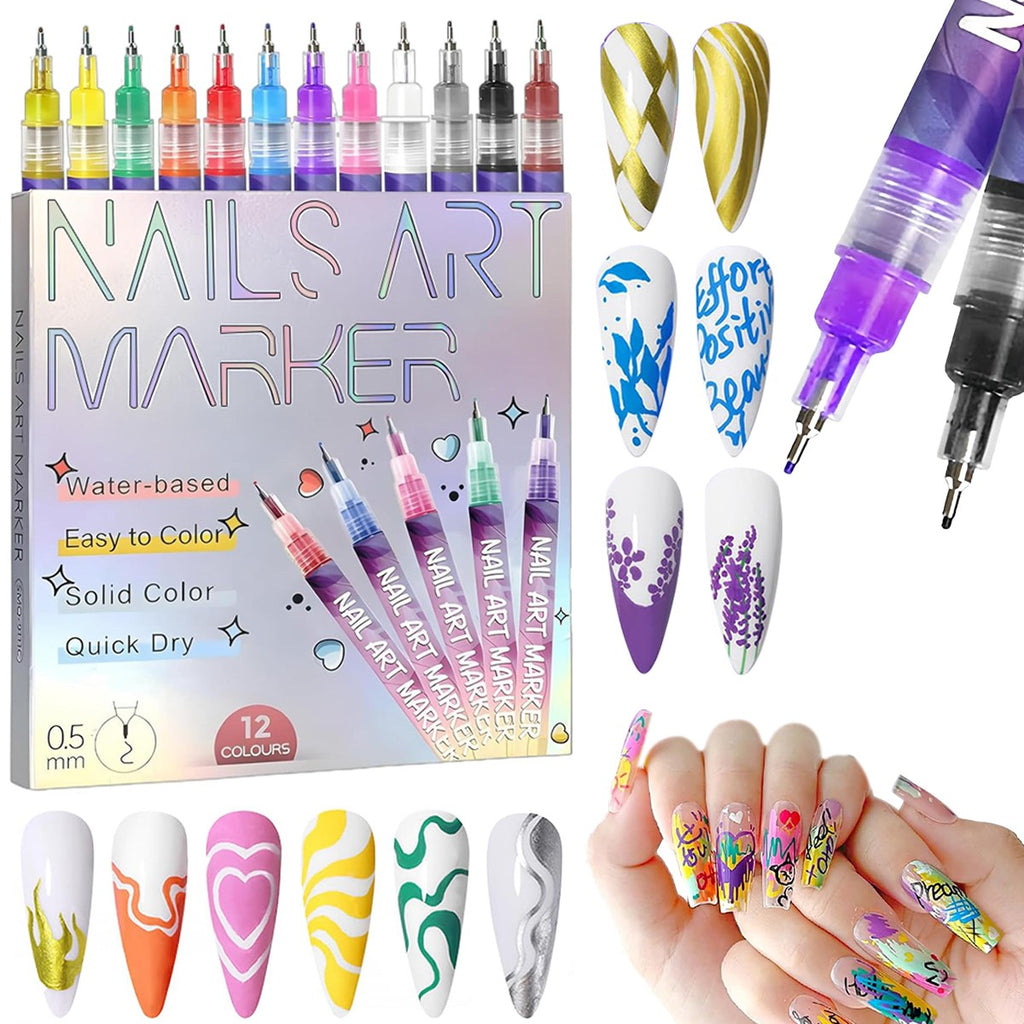 12 Colors Nail Art Pens Set, Nail Art Marker, Nail Doodle Pens, 0.5 MM Nail