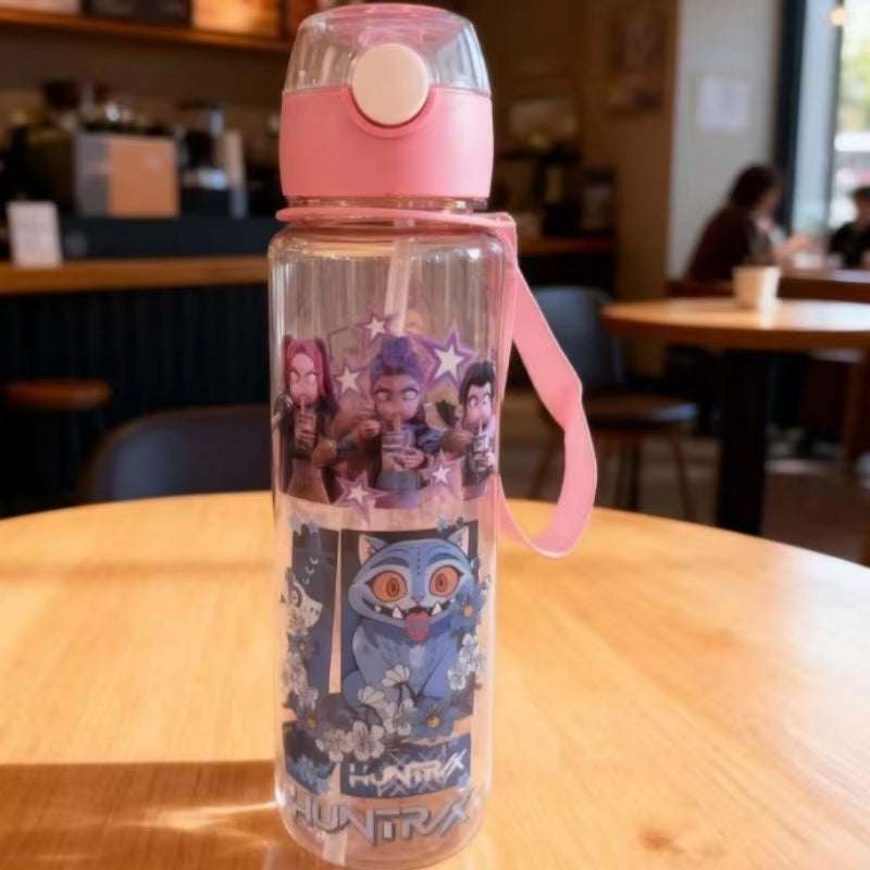 K Pop Demon Hunters Kawaii Cartoon Figure Water Bottle – Girls’ Summer Sports Large Capacity Plastic Bottle | Portable for Hikin