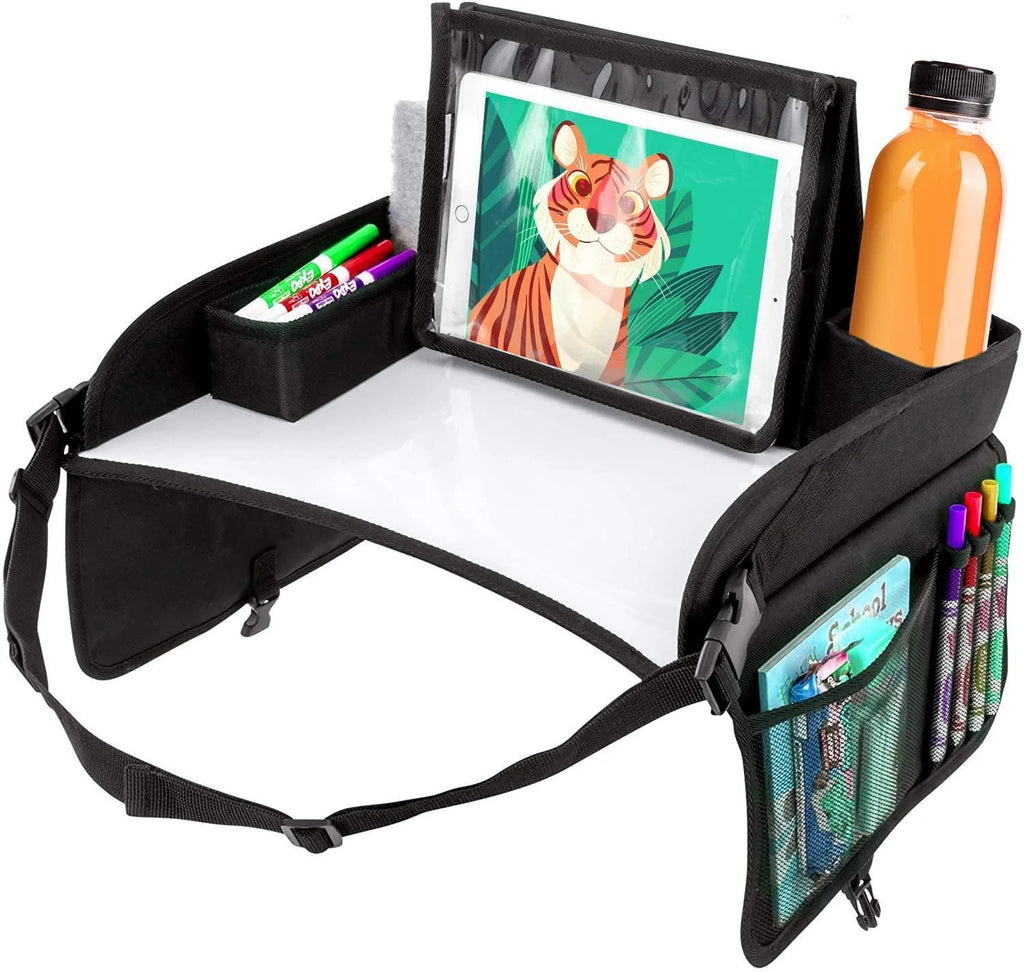 Kids Travel Tray for Kids Car Seat Toddler Car Seat Tray Table with 6 Compartments and Tablet Stand Foldable Toddler Table for Travel Folding Portable Desk Compact Road Trip Essentials