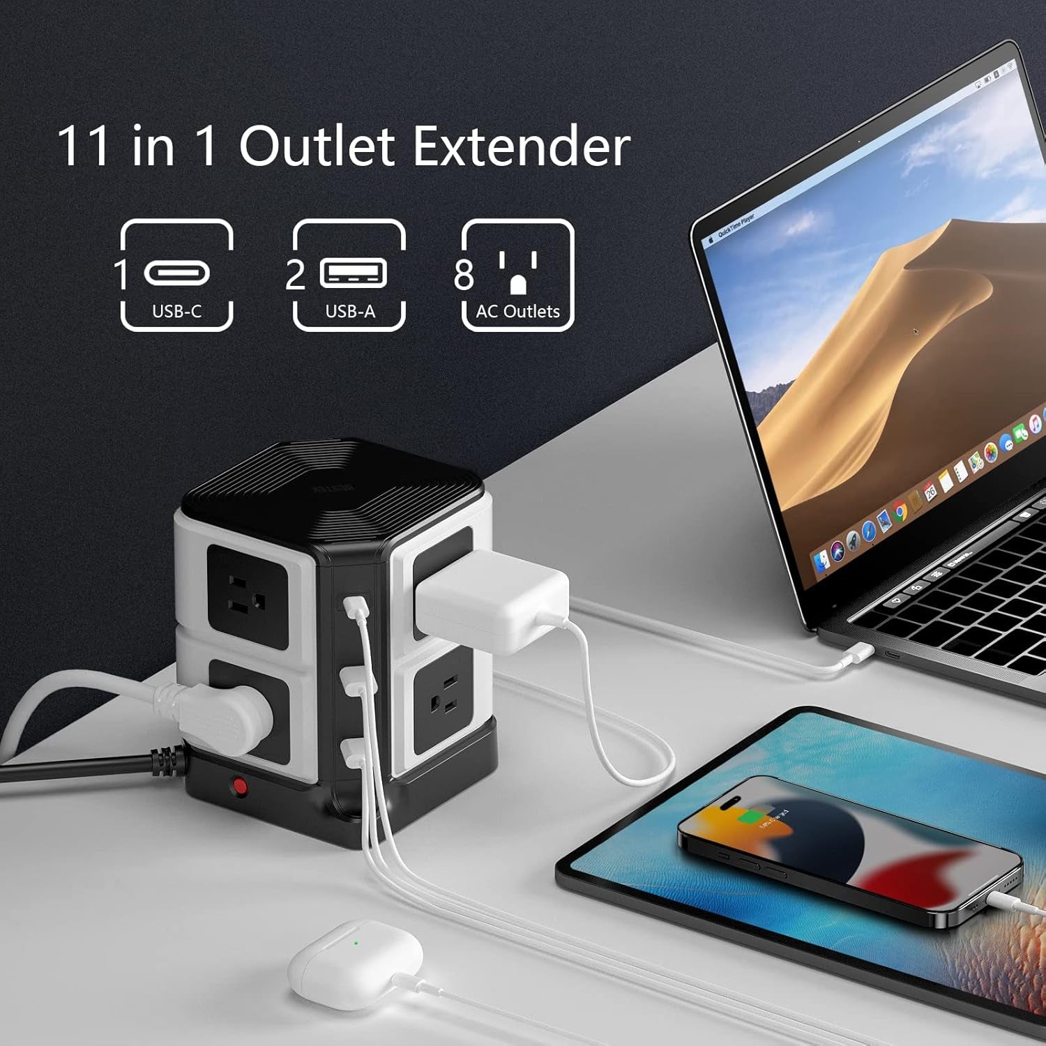 Power Strip Tower with Wireless Charger & PD20W USB C, 8-Outlet and 3 USB Charging Ports 2100 Joules Surge Protector, 5 Feet Extension Cord, ETL Listed