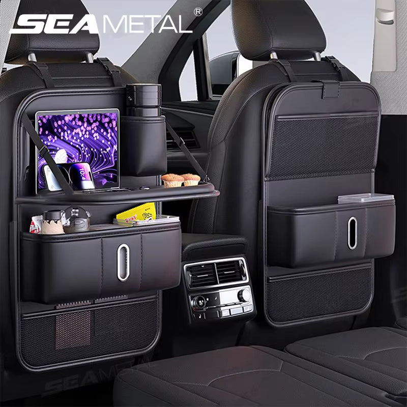 Car Seat Back Organizer with Foldable Tray Multi-Pocket Car Backseat Storage Bag Wear-Resistant Anti-Kick Pad for Kids