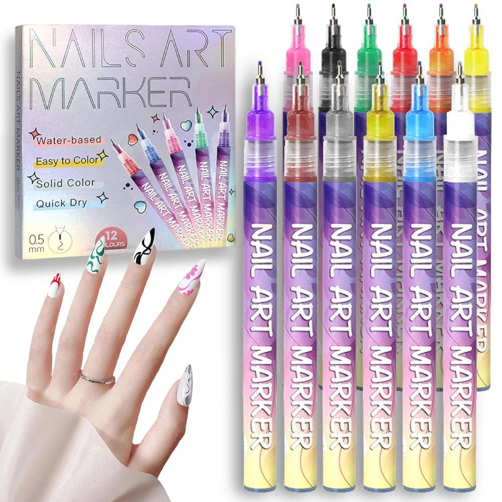 12 Colors Nail Art Pens Set,Nail Art Markers,3D Nail Polish Graffiti Dotting Pen