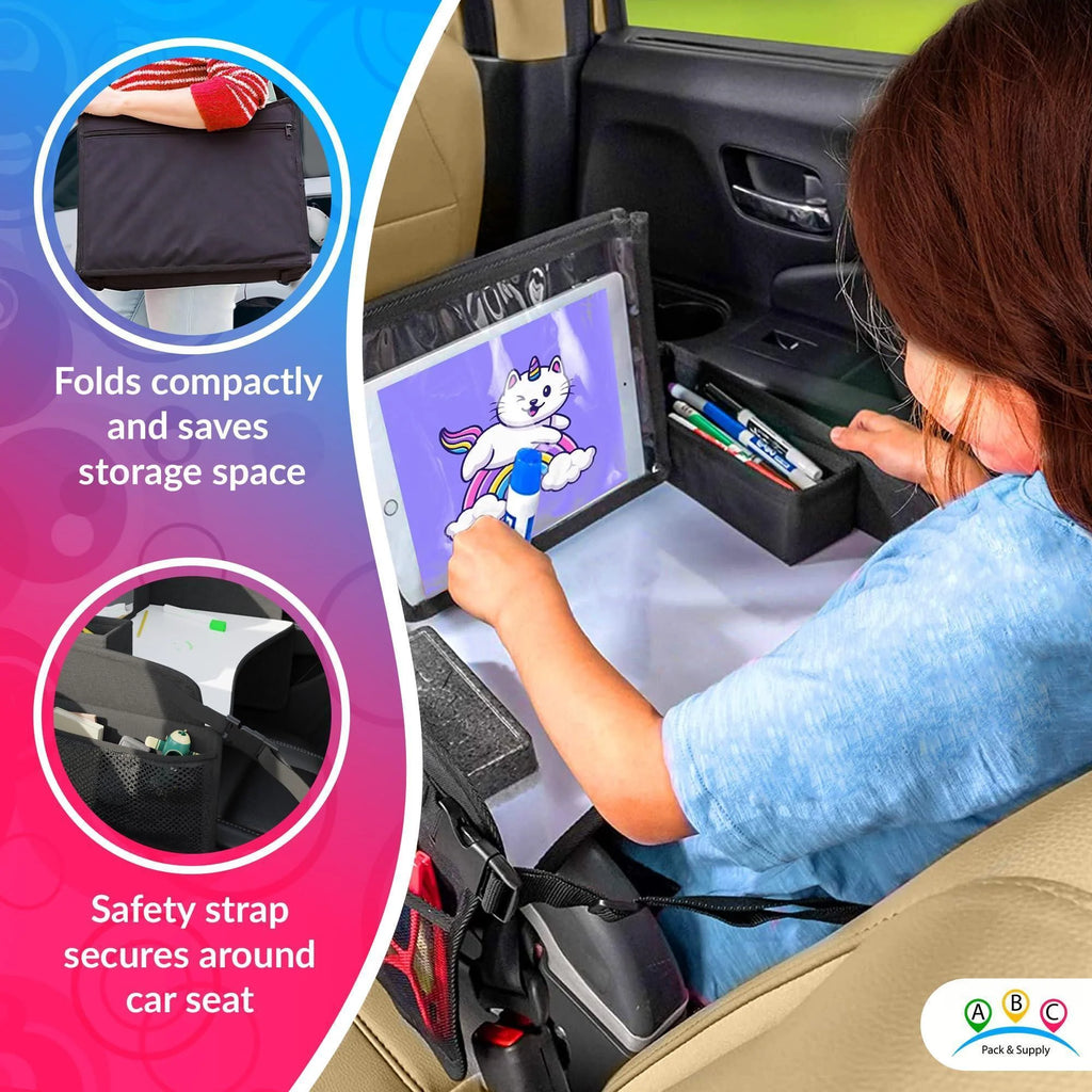 Kids Travel Tray for Kids Car Seat Toddler Car Seat Tray Table with 6 Compartments and Tablet Stand Foldable Toddler Table for Travel Folding Portable Desk Compact Road Trip Essentials