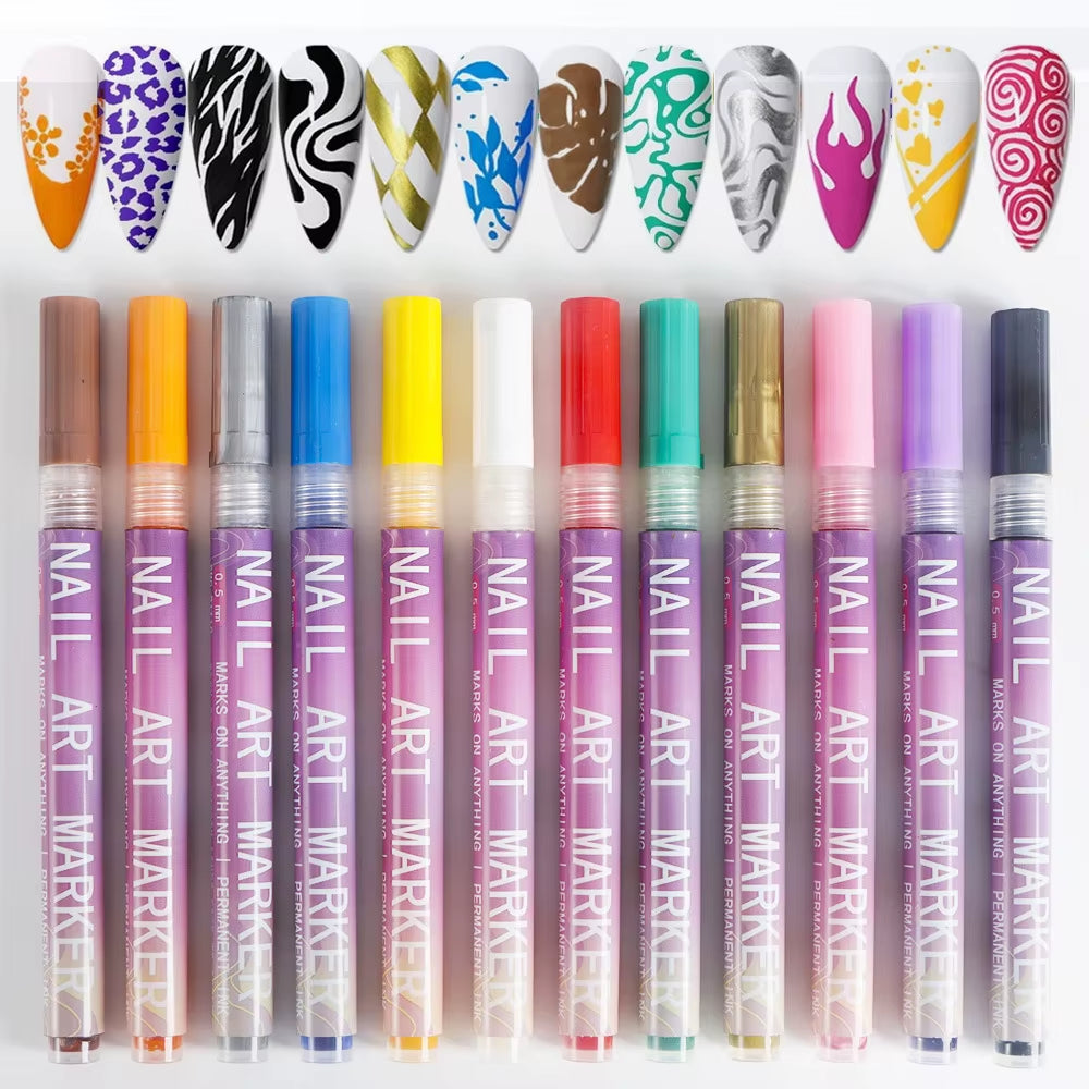 12 Color Nail Art Pens Set 0.5MM Fine Point Liner Acrylic Nail Polish Kit Waterproof Quick-Drying for Drawing Painting