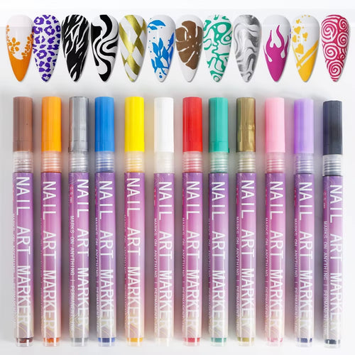 12 Color Nail Art Pens Set 0.5MM Fine Point Liner Acrylic Nail Polish Kit Waterproof Quick-Drying for Drawing Painting