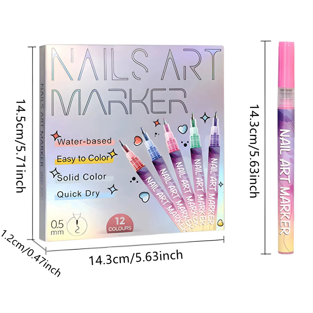 12 Color Nail Art Pens Set 0.5MM Fine Point Liner Acrylic Nail Polish Kit Waterproof Quick-Drying for Drawing Painting
