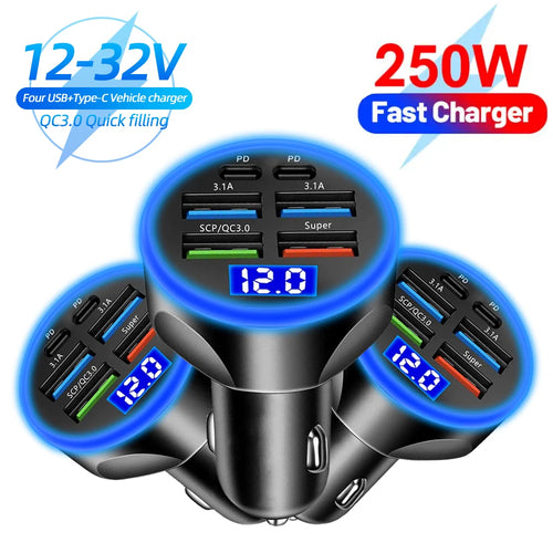 2-6 Ports Car Charger Fast Charging PD QC3.0 USB C Car Phone Charger Type C Adapter in Car for Iphone Samsung Huawei Xiaomi