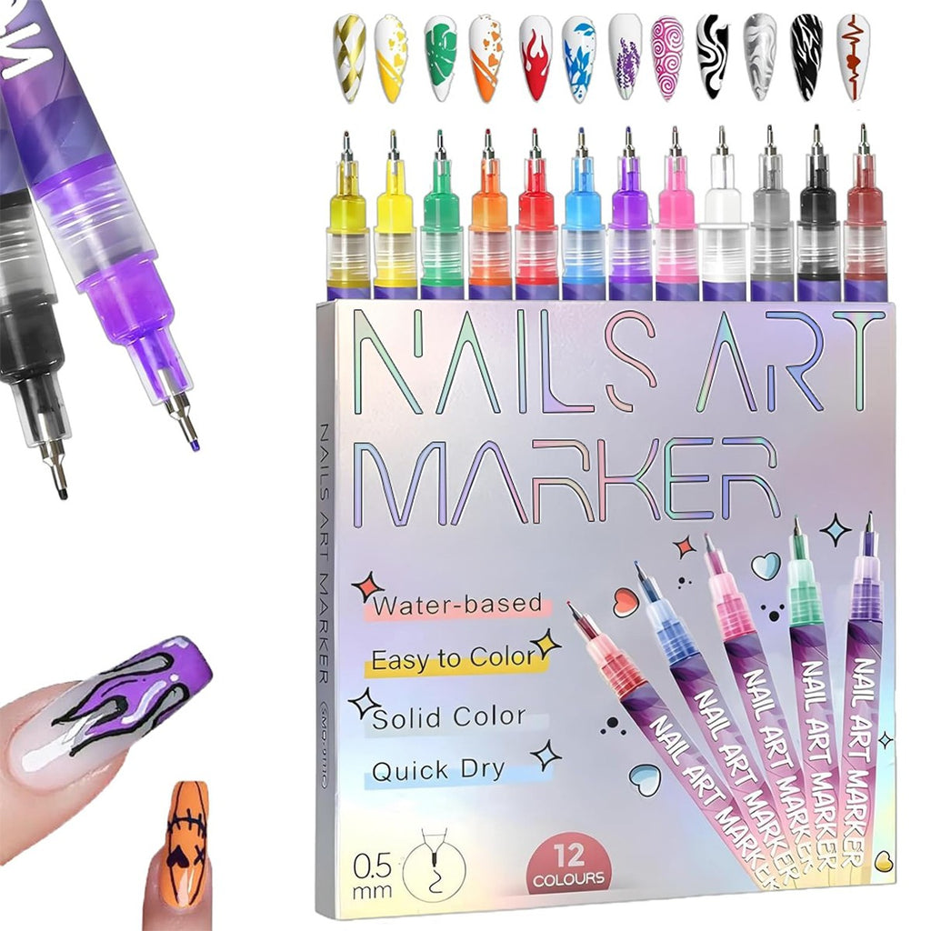 12 Colors Nail Art Pens Set, Nail Art Marker, Nail Doodle Pens, 0.5 MM Nail