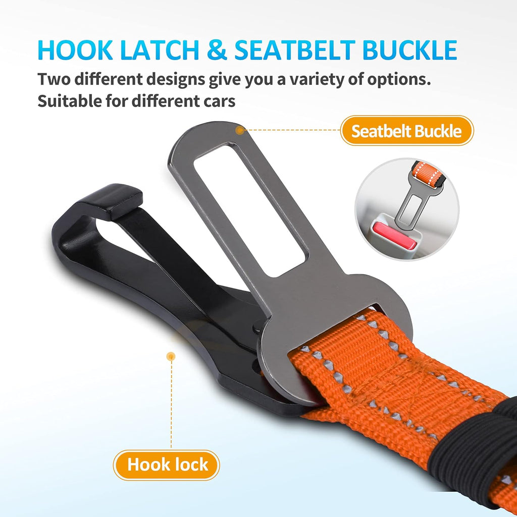 Dog Seat Belt 3-In-1 Car Harness for Dogs Adjustable Safety Seatbelt for Car Nylon Reflective Bungee Fabric Dog Car Harness with Clip Hook Latch & Buckle, Swivel Zinc Alloy Carabiner (Orange)