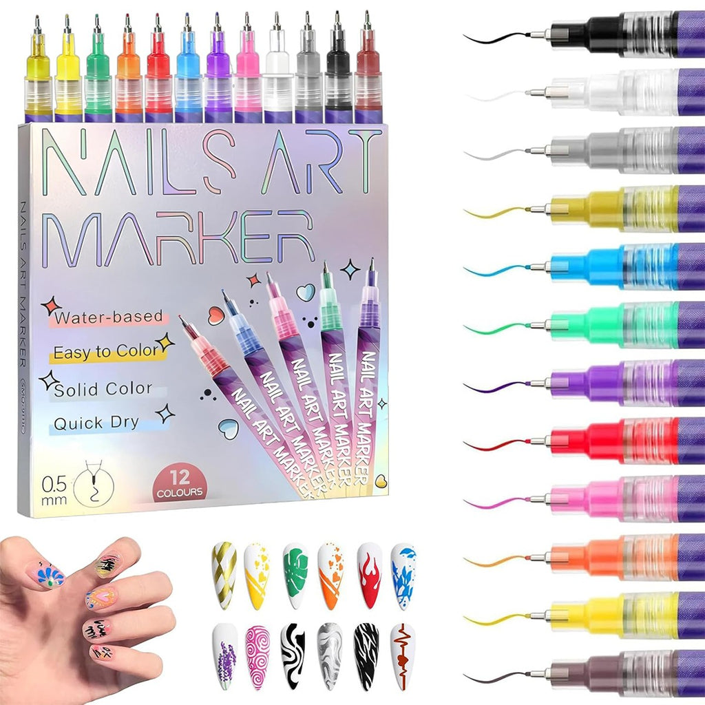 12 Colors Nail Art Pens Set, Nail Art Marker, Nail Doodle Pens, 0.5 MM Nail