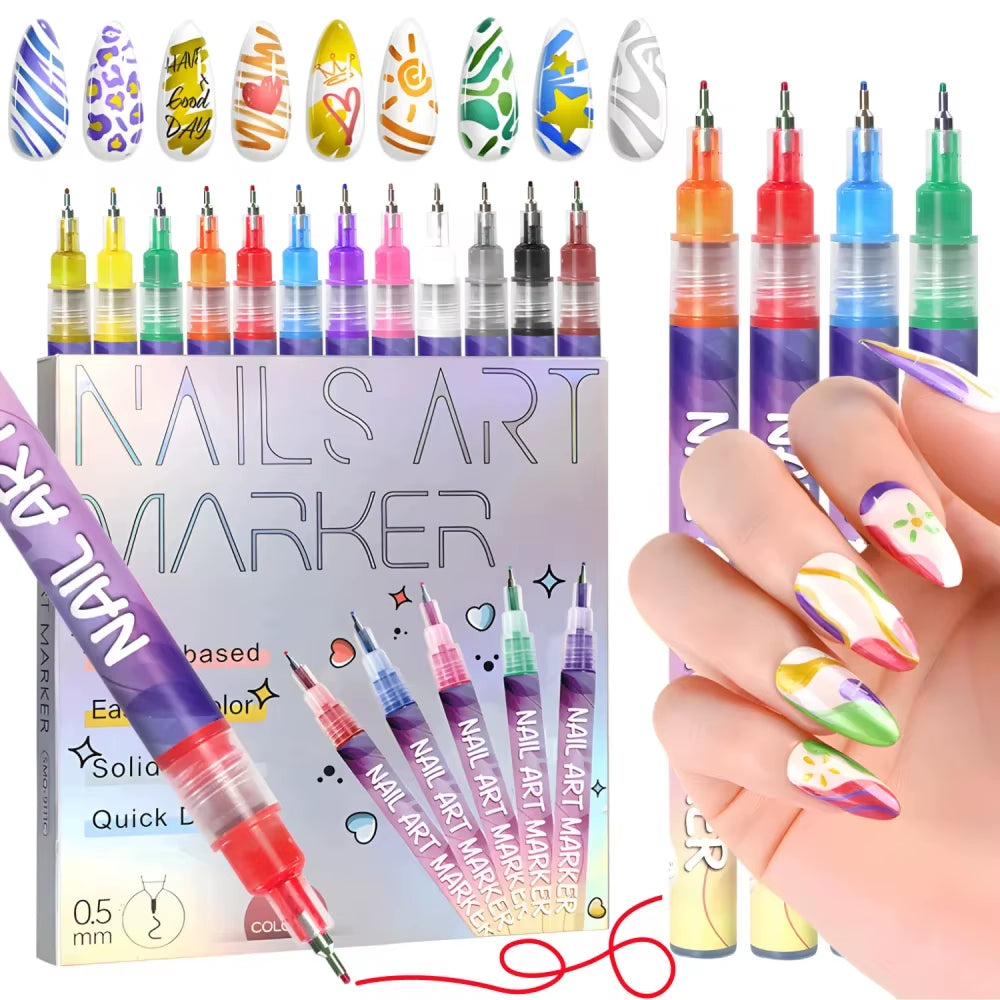 12 Color Nail Art Pens Set 0.5MM Fine Point Liner Acrylic Nail Polish Kit Waterproof Quick-Drying for Drawing Painting
