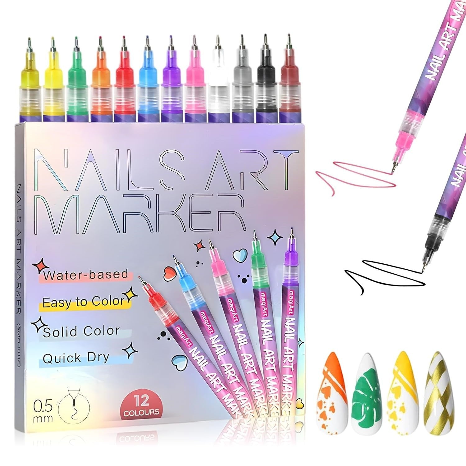12 Colors Nail Art Pens Set,Nail Art Markers,3D Nail Polish Graffiti Dotting Pen